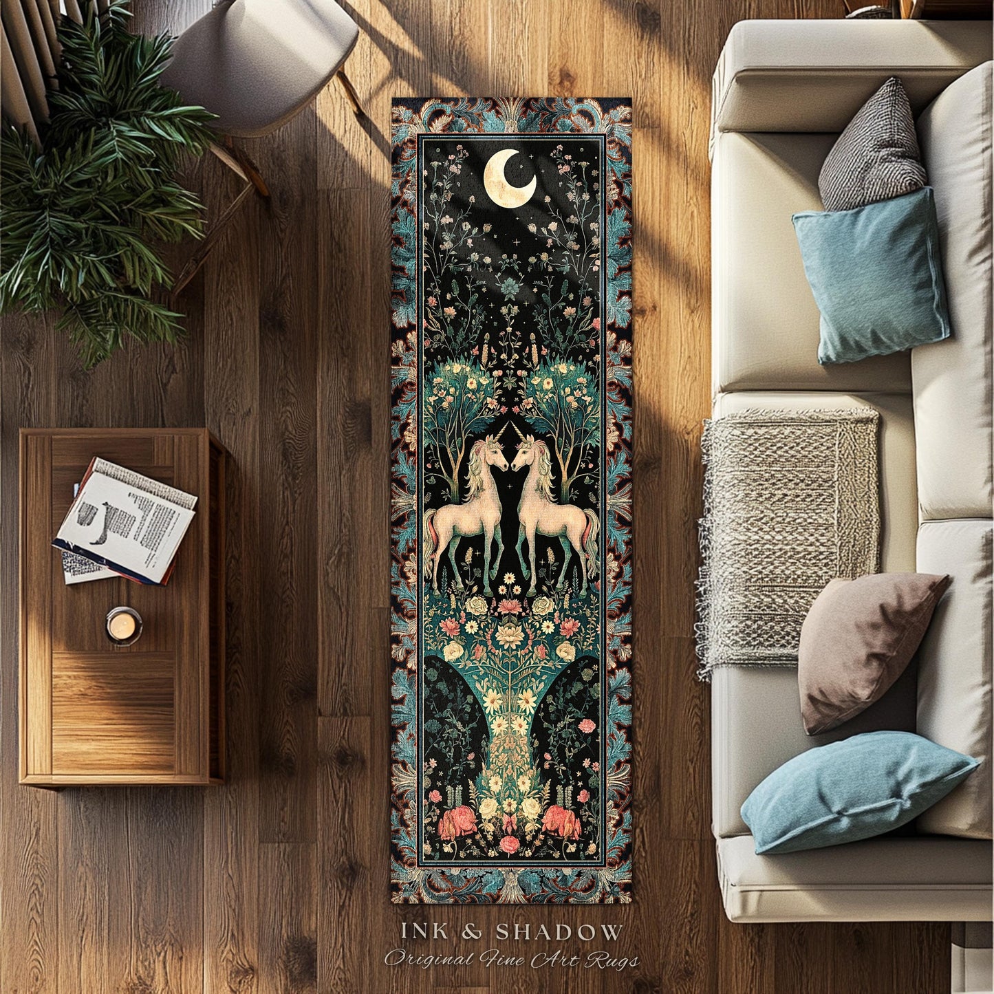 Fantasy Garden Unicorn Runner Rug Cottagecore Art Nouveau Fairycore Decor | Whimsical Woodland Fairytale Victorian Floral Enchanted Accent