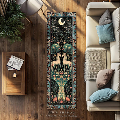 Fantasy Garden Unicorn Runner Rug Cottagecore Art Nouveau Fairycore Decor | Whimsical Woodland Fairytale Victorian Floral Enchanted Accent