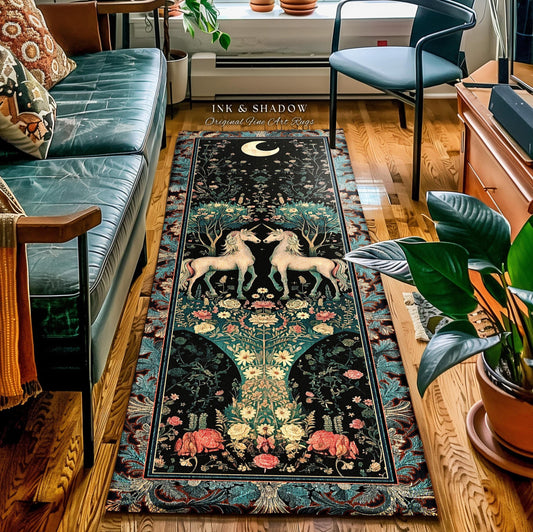 May include: A rectangular rug with a black background featuring a design of two white unicorns facing each other under a crescent moon. The rug has a floral and tree design with the text "INK & SHADOW Original Fine Art Rugs".
