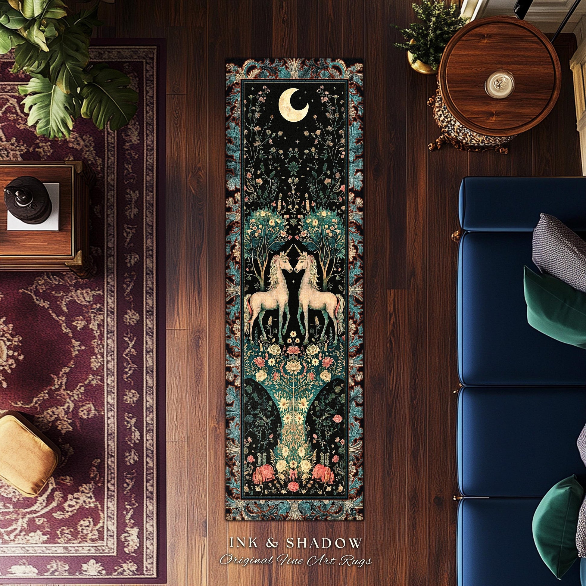 Fantasy Garden Unicorn Runner Rug Cottagecore Art Nouveau Fairycore Decor | Whimsical Woodland Fairytale Victorian Floral Enchanted Accent
