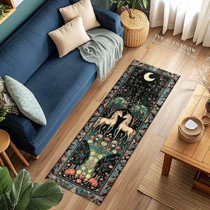 Fantasy Garden Unicorn Runner Rug Cottagecore Art Nouveau Fairycore Decor | Whimsical Woodland Fairytale Victorian Floral Enchanted Accent