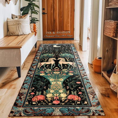Fantasy Garden Unicorn Runner Rug Cottagecore Art Nouveau Fairycore Decor | Whimsical Woodland Fairytale Victorian Floral Enchanted Accent