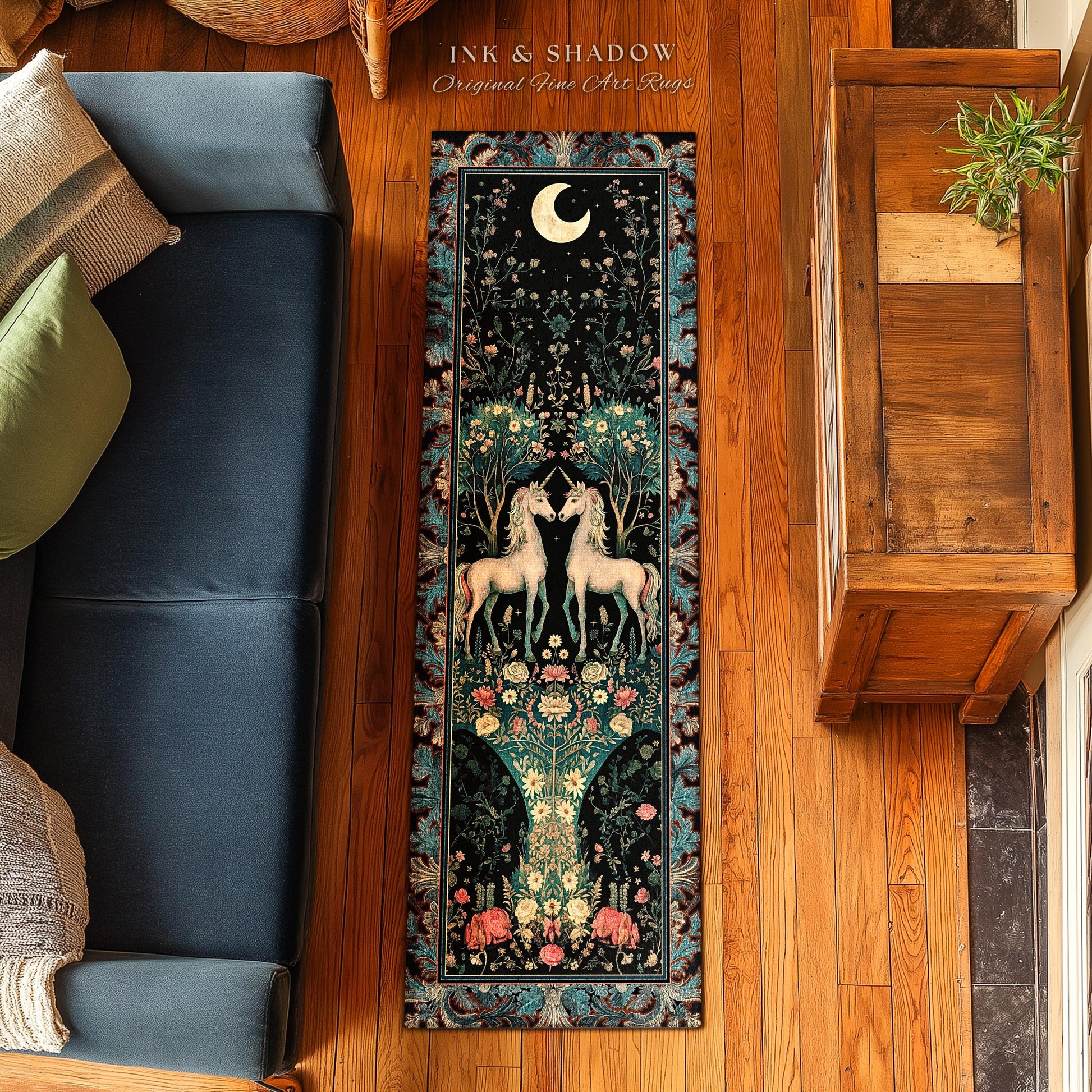 Fantasy Garden Unicorn Runner Rug Cottagecore Art Nouveau Fairycore Decor | Whimsical Woodland Fairytale Victorian Floral Enchanted Accent