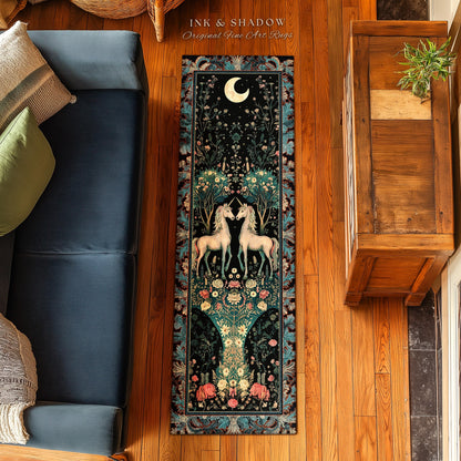Fantasy Garden Unicorn Runner Rug Cottagecore Art Nouveau Fairycore Decor | Whimsical Woodland Fairytale Victorian Floral Enchanted Accent