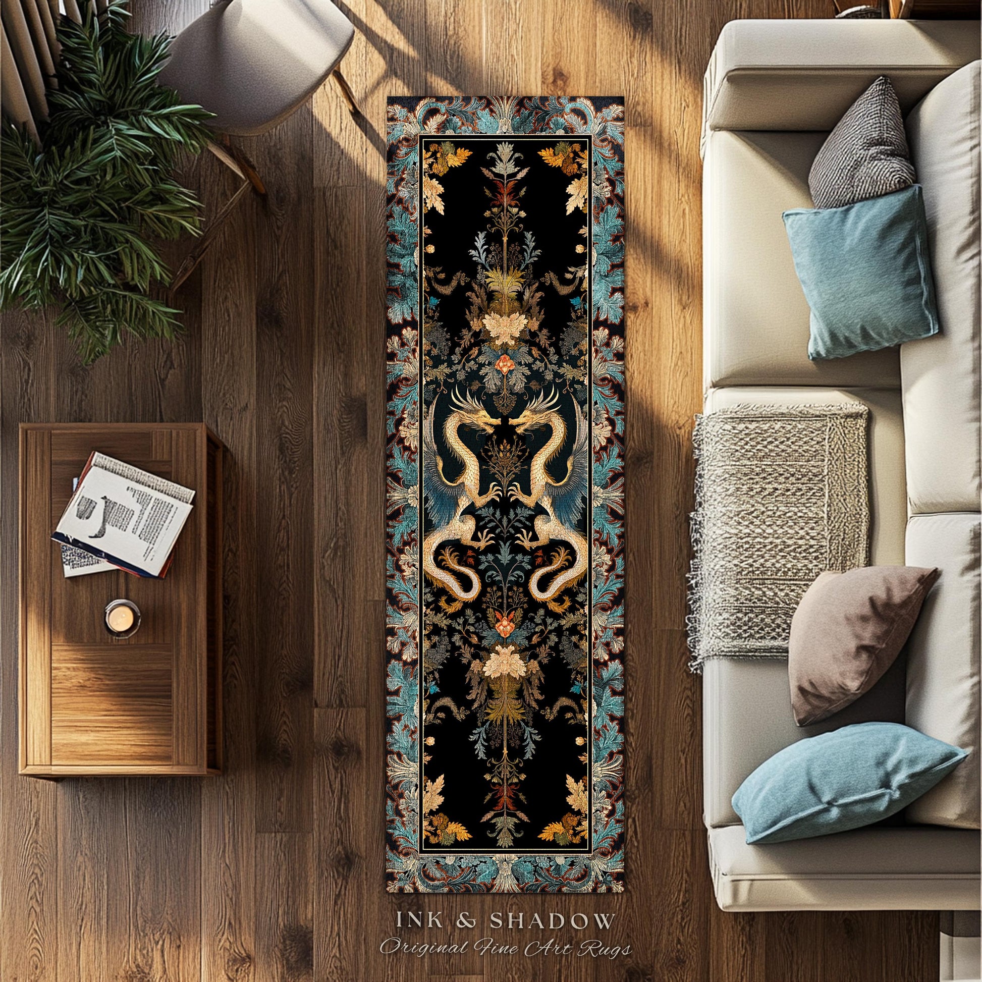 Art Deco Dragon Runner Rug Antique Mystical Baroque Style Decor | Abstract Dragon Art Rug Whimsical Aesthetic Home Dark Academia Teal Accent