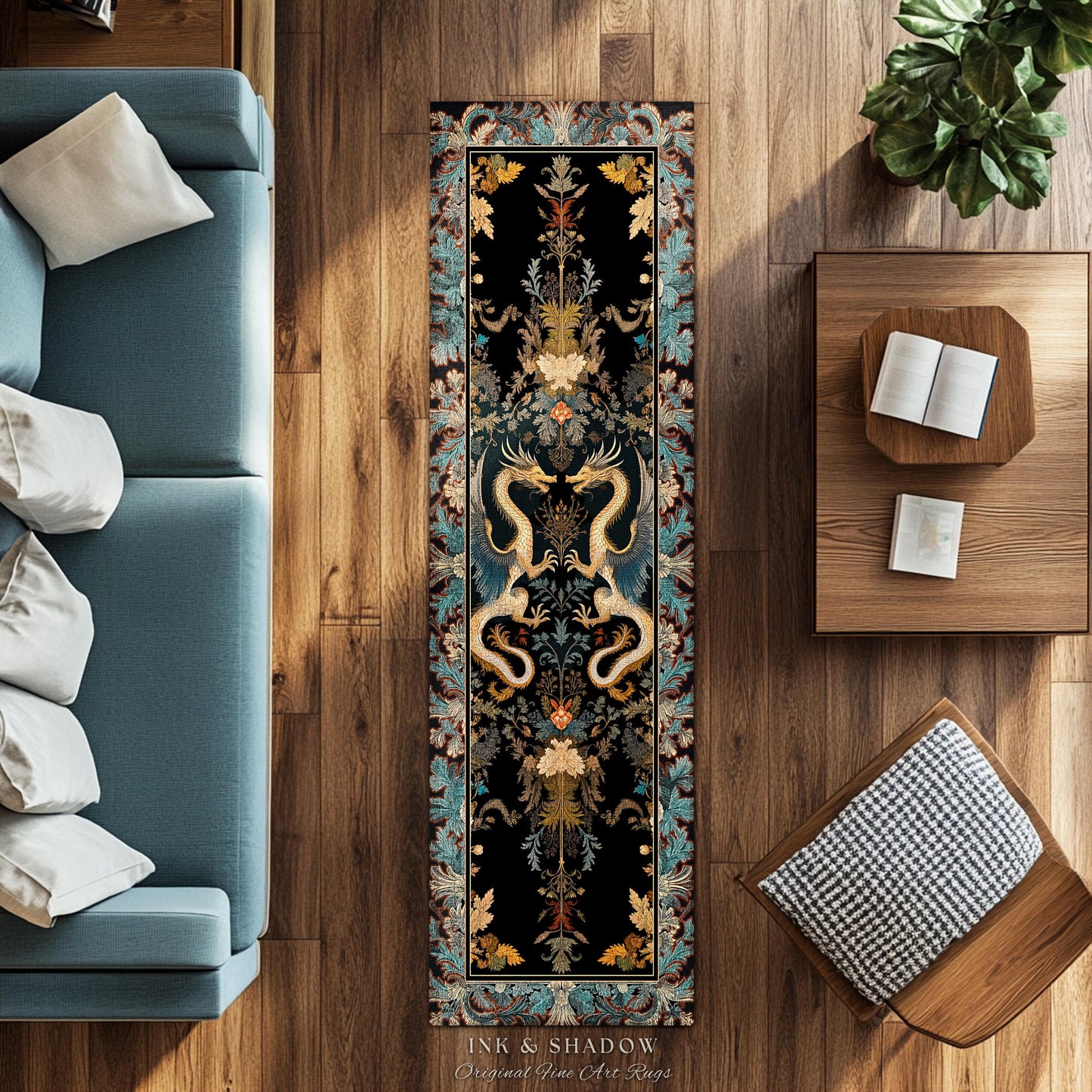 Art Deco Dragon Runner Rug Antique Mystical Baroque Style Decor | Abstract Dragon Art Rug Whimsical Aesthetic Home Dark Academia Teal Accent