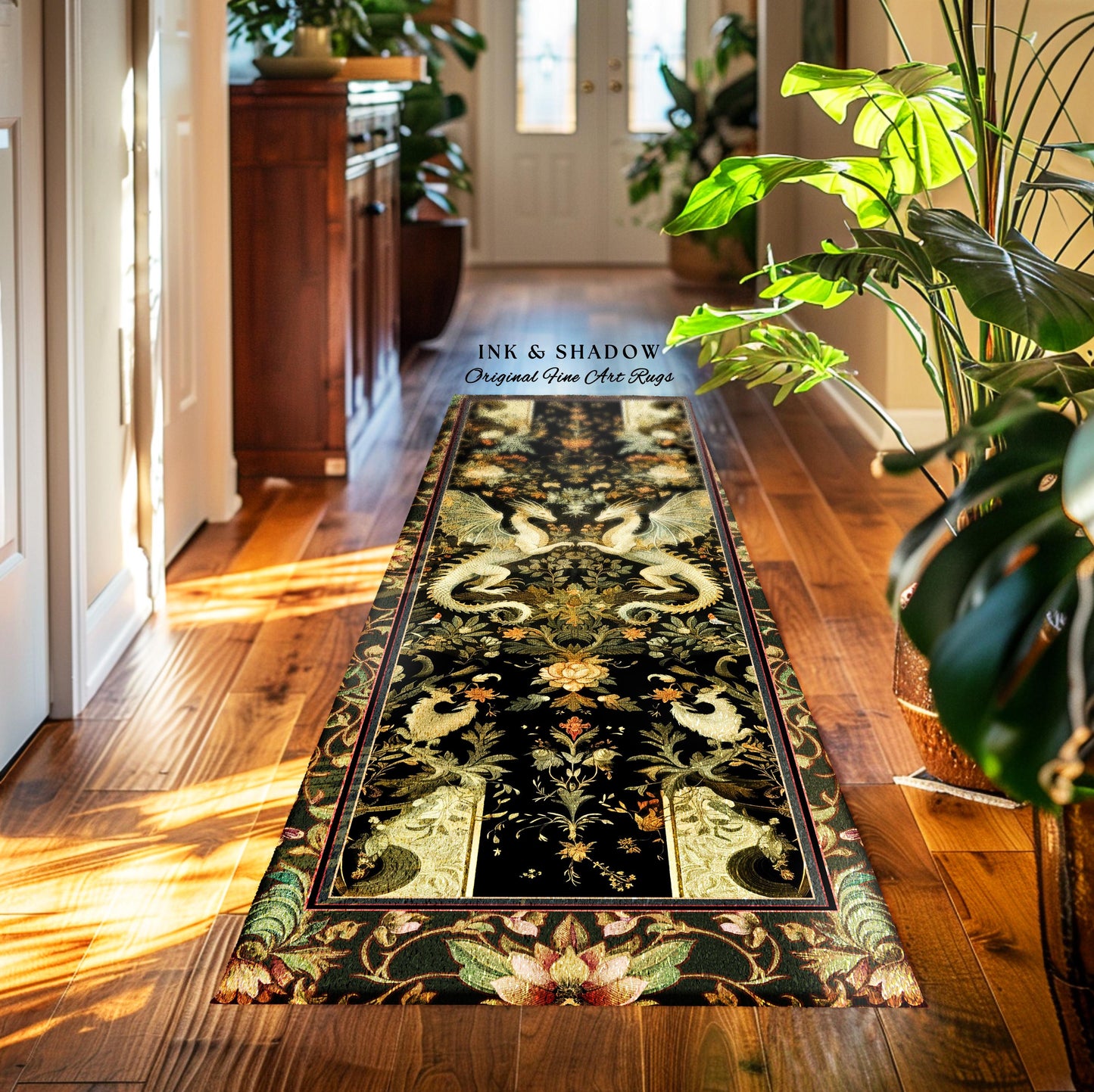 Ornate Antique Gold Folklore Aesthetic Baroque Dragon Runner Rug | Enchanting Art Deco Gothic Decor Maximalist Fantasy Mystic Home Accent