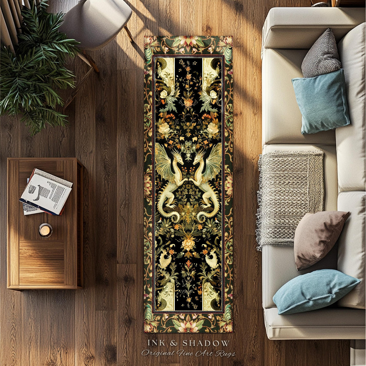 Ornate Antique Gold Folklore Aesthetic Baroque Dragon Runner Rug | Enchanting Art Deco Gothic Decor Maximalist Fantasy Mystic Home Accent