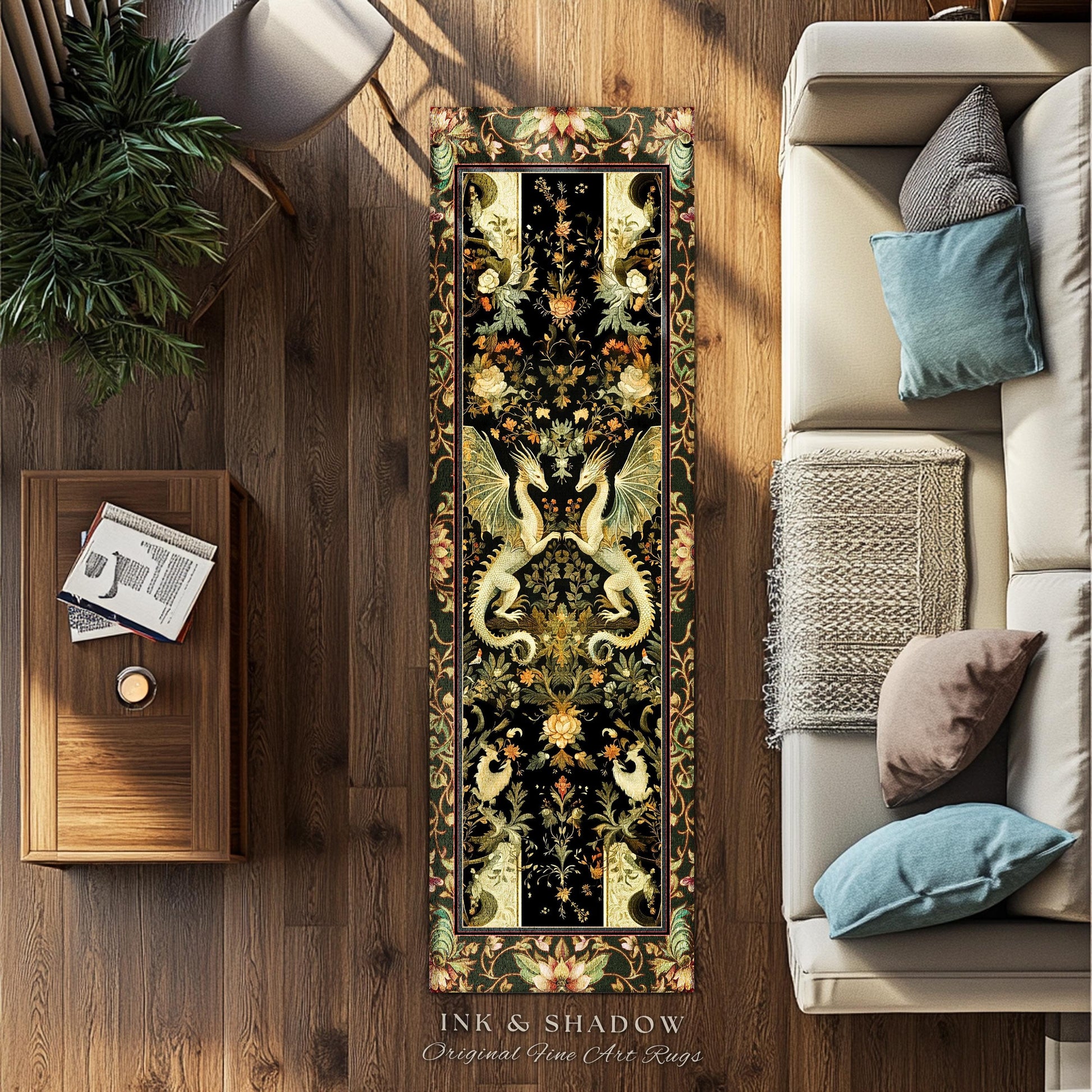 Ornate Antique Gold Folklore Aesthetic Baroque Dragon Runner Rug | Enchanting Art Deco Gothic Decor Maximalist Fantasy Mystic Home Accent
