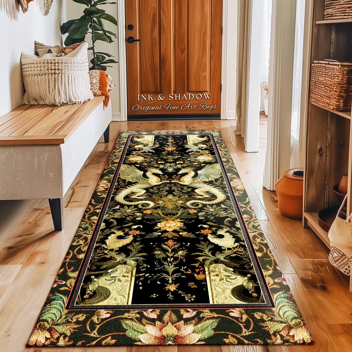 Ornate Antique Gold Folklore Aesthetic Baroque Dragon Runner Rug | Enchanting Art Deco Gothic Decor Maximalist Fantasy Mystic Home Accent