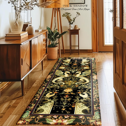 Ornate Antique Gold Folklore Aesthetic Baroque Dragon Runner Rug | Enchanting Art Deco Gothic Decor Maximalist Fantasy Mystic Home Accent