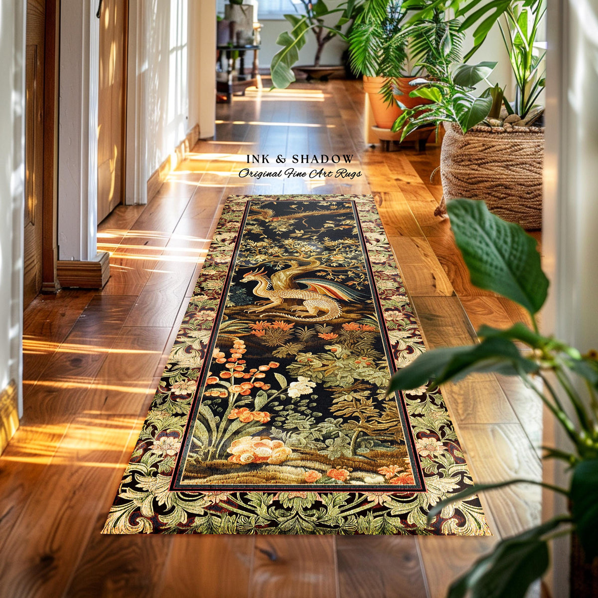 Baroque Dragon Fantasy Runner Rug | Dark Medieval Enchanting Nature Accent Ancient Aesthetic Ethereal Storybook Home Accent Forestcore Magic