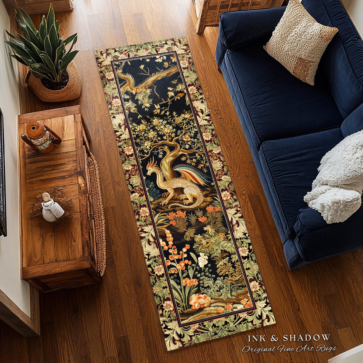 Baroque Dragon Fantasy Runner Rug | Dark Medieval Enchanting Nature Accent Ancient Aesthetic Ethereal Storybook Home Accent Forestcore Magic