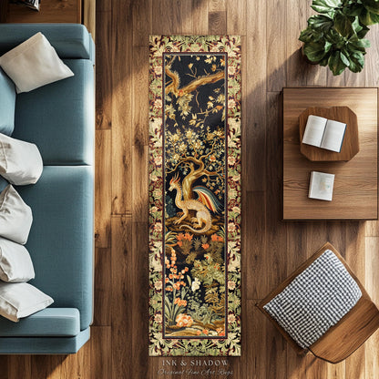 Baroque Dragon Fantasy Runner Rug | Dark Medieval Enchanting Nature Accent Ancient Aesthetic Ethereal Storybook Home Accent Forestcore Magic