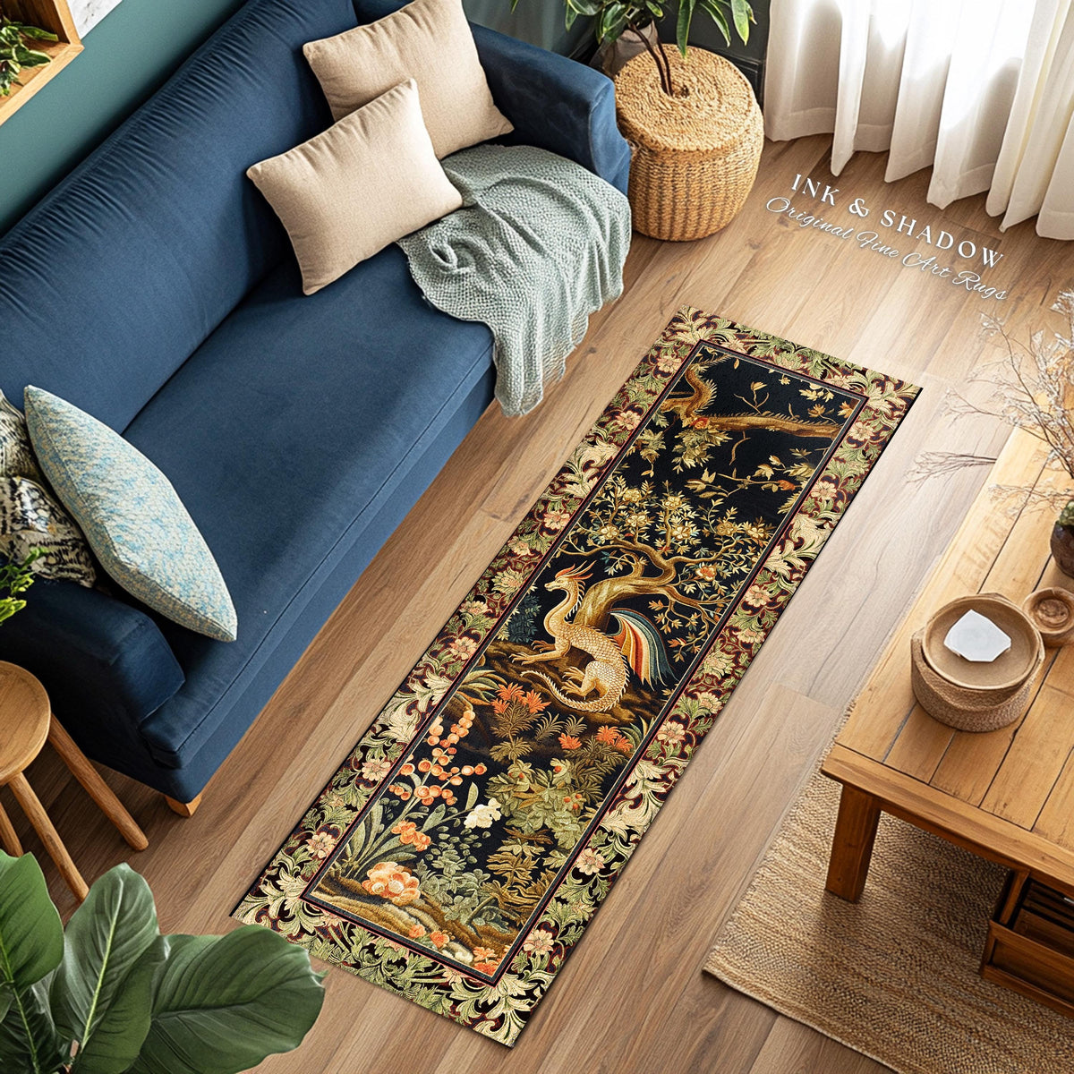 Baroque Dragon Fantasy Runner Rug | Dark Medieval Enchanting Nature Accent Ancient Aesthetic Ethereal Storybook Home Accent Forestcore Magic
