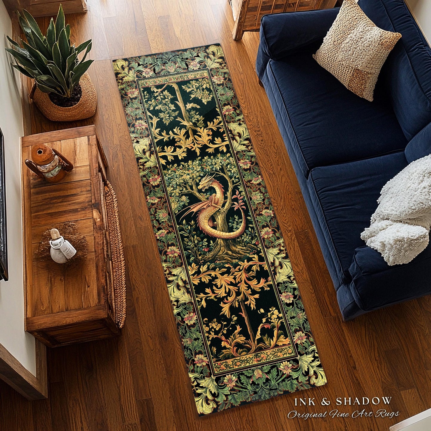 Ornate Victorian Gothic Dragon Runner Enchanted Baroque Medieval Forestcore Rug | Mystical Vintage Fantasy Forest Whimsical Woodland Decor