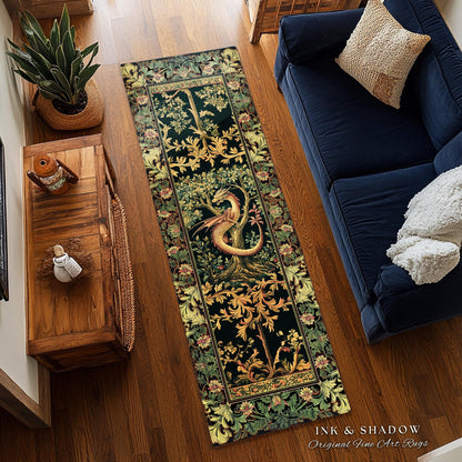 Ornate Victorian Gothic Dragon Runner Enchanted Baroque Medieval Forestcore Rug | Mystical Vintage Fantasy Forest Whimsical Woodland Decor