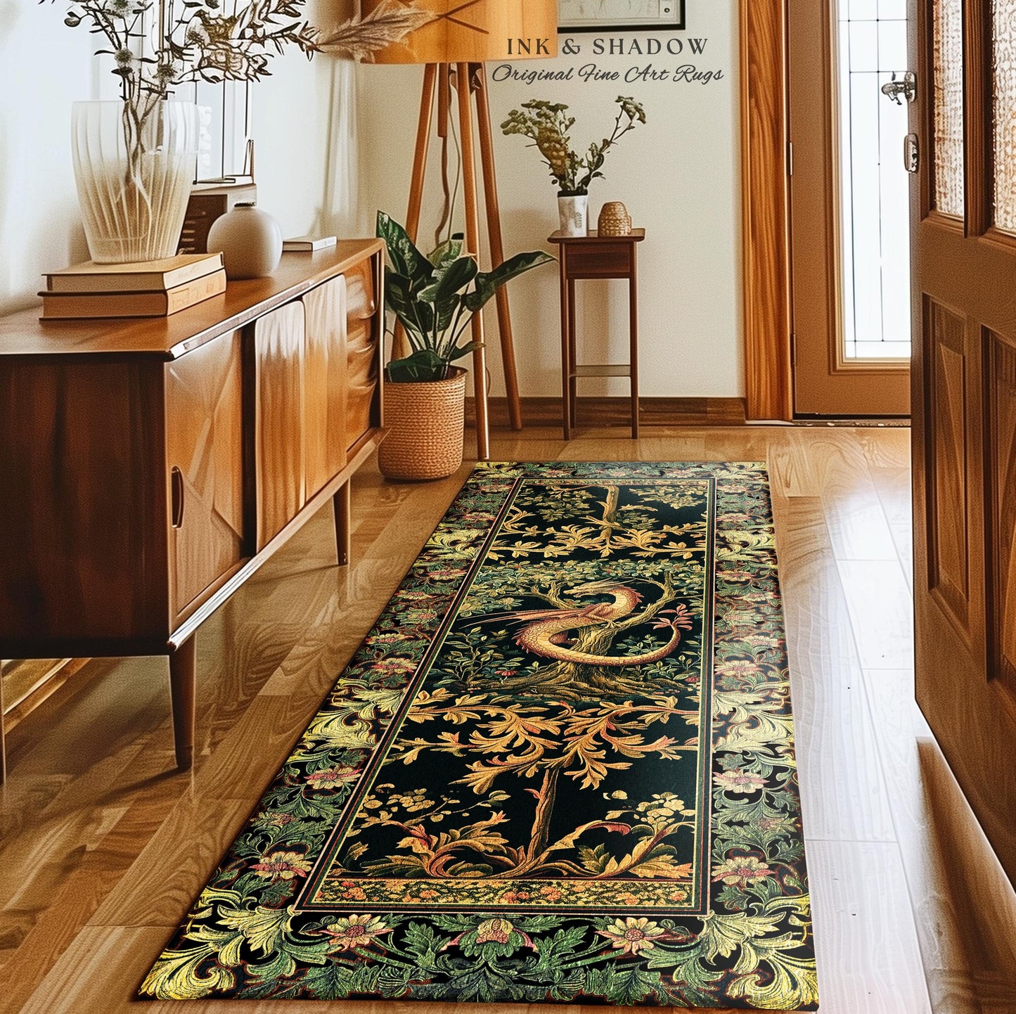 Ornate Victorian Gothic Dragon Runner Enchanted Baroque Medieval Forestcore Rug | Mystical Vintage Fantasy Forest Whimsical Woodland Decor