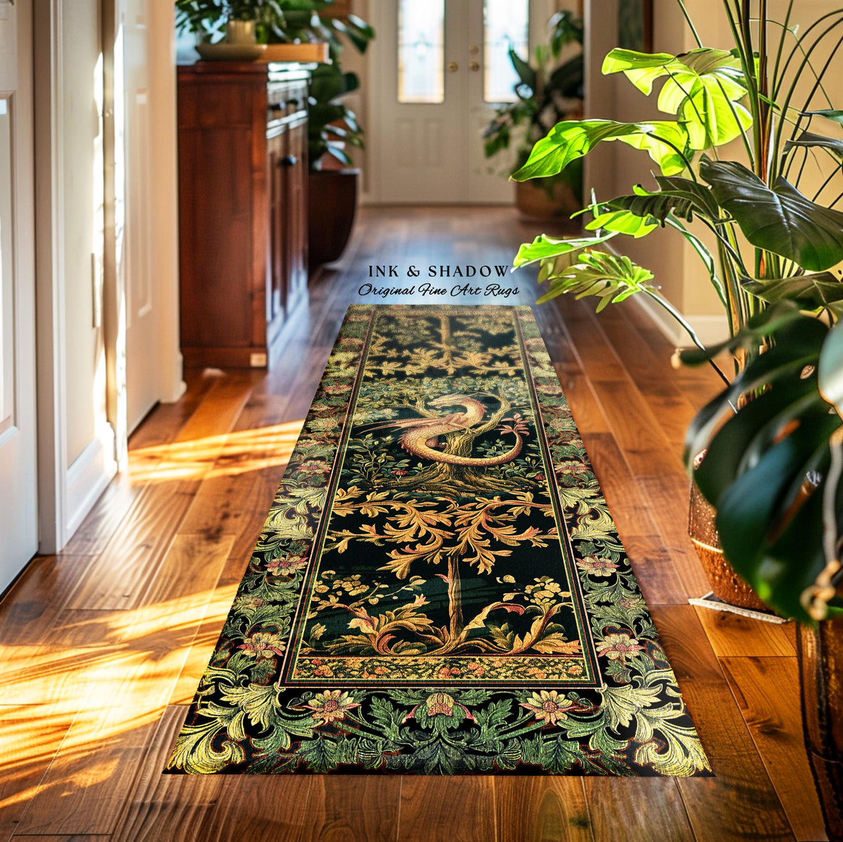 Ornate Victorian Gothic Dragon Runner Enchanted Baroque Medieval Forestcore Rug | Mystical Vintage Fantasy Forest Whimsical Woodland Decor