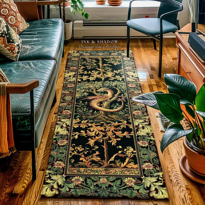 May include: A rectangular black rug with a detailed design featuring a dragon intertwined with a tree. The dragon is in shades of gold and orange, set against a backdrop of green foliage and flowers. The rug has a decorative border and the text "INK & SHADOW Original Fine Art Rugs".
