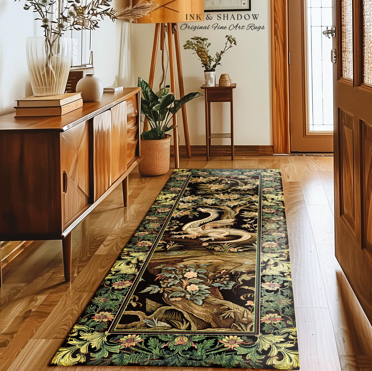 Woodland Gothic White Dragon Runner Enchanted Forest Decor | Mystical Dark Academia Whimsical Fantasy Forestcore Dark Nature Art Deco Rug