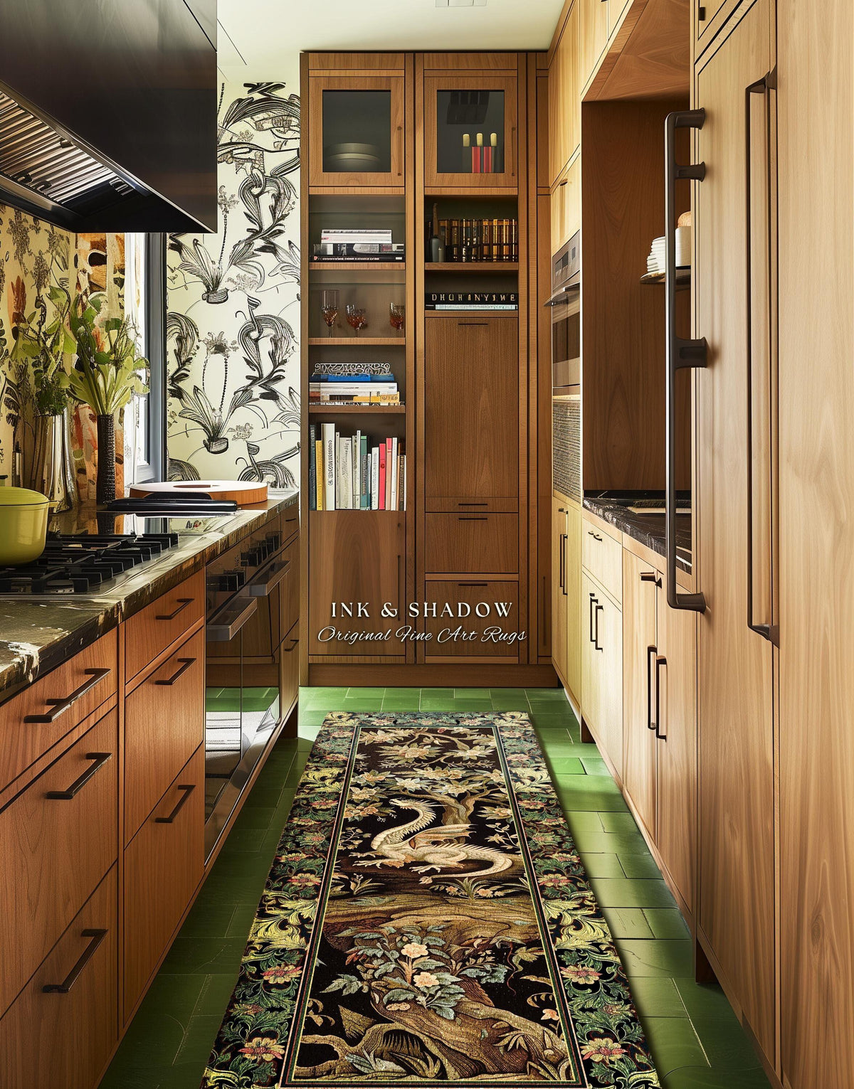 May include: A kitchen interior featuring a runner rug with a detailed dragon and floral design. The rug is placed on green tile flooring, with wooden cabinets and a stove visible. The text "INK & SHADOW Original Fine Art Rugs" is displayed.