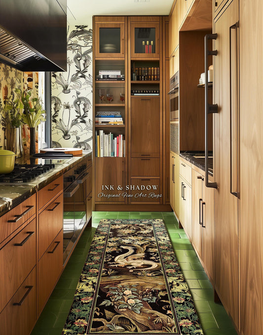 May include: A kitchen interior featuring a runner rug with a detailed dragon and floral design. The rug is placed on green tile flooring, with wooden cabinets and a stove visible. The text "INK & SHADOW Original Fine Art Rugs" is displayed.