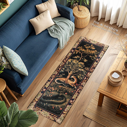 Ancient Dragon Art Rug Mystical Enchanting Forest Decor | Antique Baroque Aesthetic Academia Dark Fantasy Ethereal Runner Rug Folklore Home