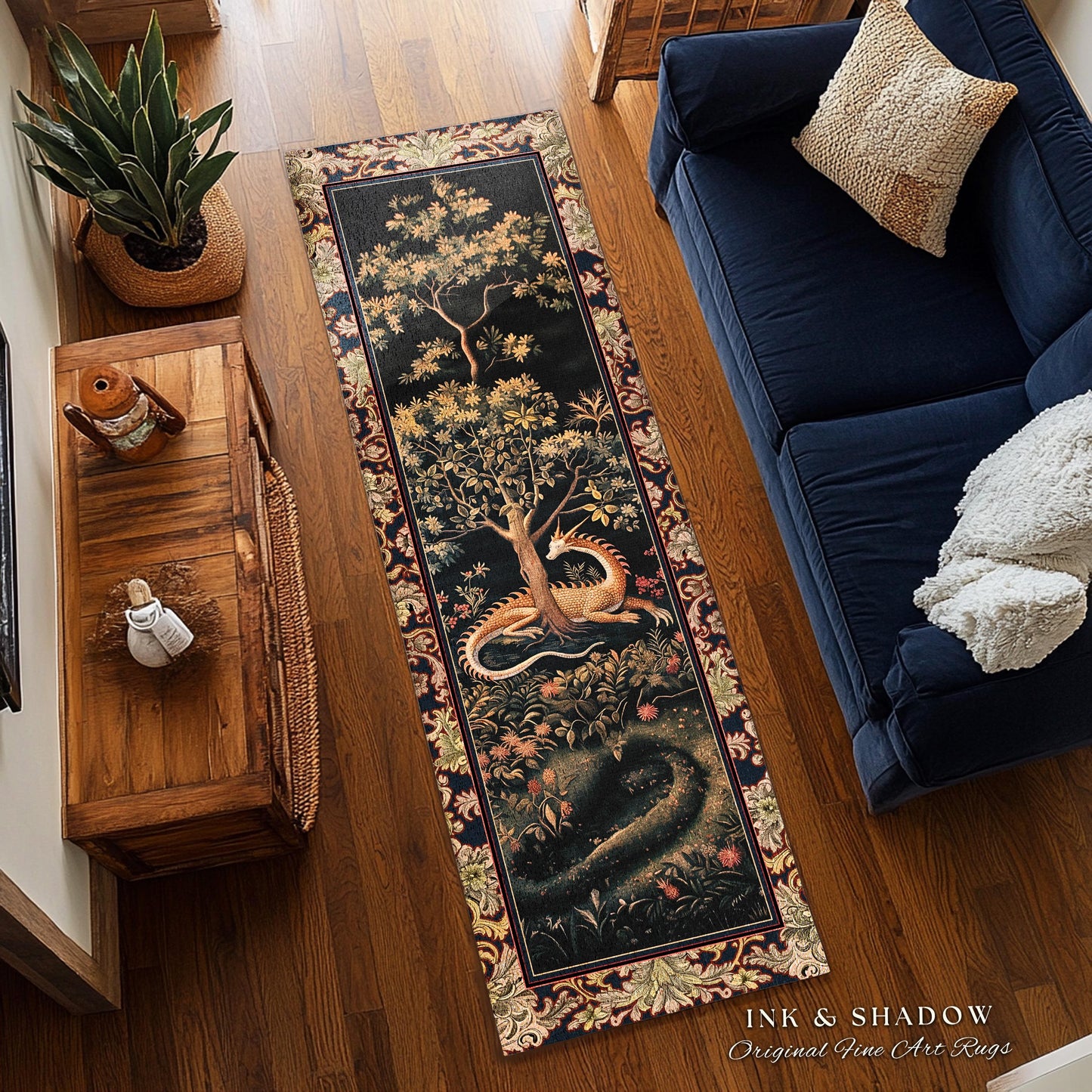 Ancient Dragon Art Rug Mystical Enchanting Forest Decor | Antique Baroque Aesthetic Academia Dark Fantasy Ethereal Runner Rug Folklore Home