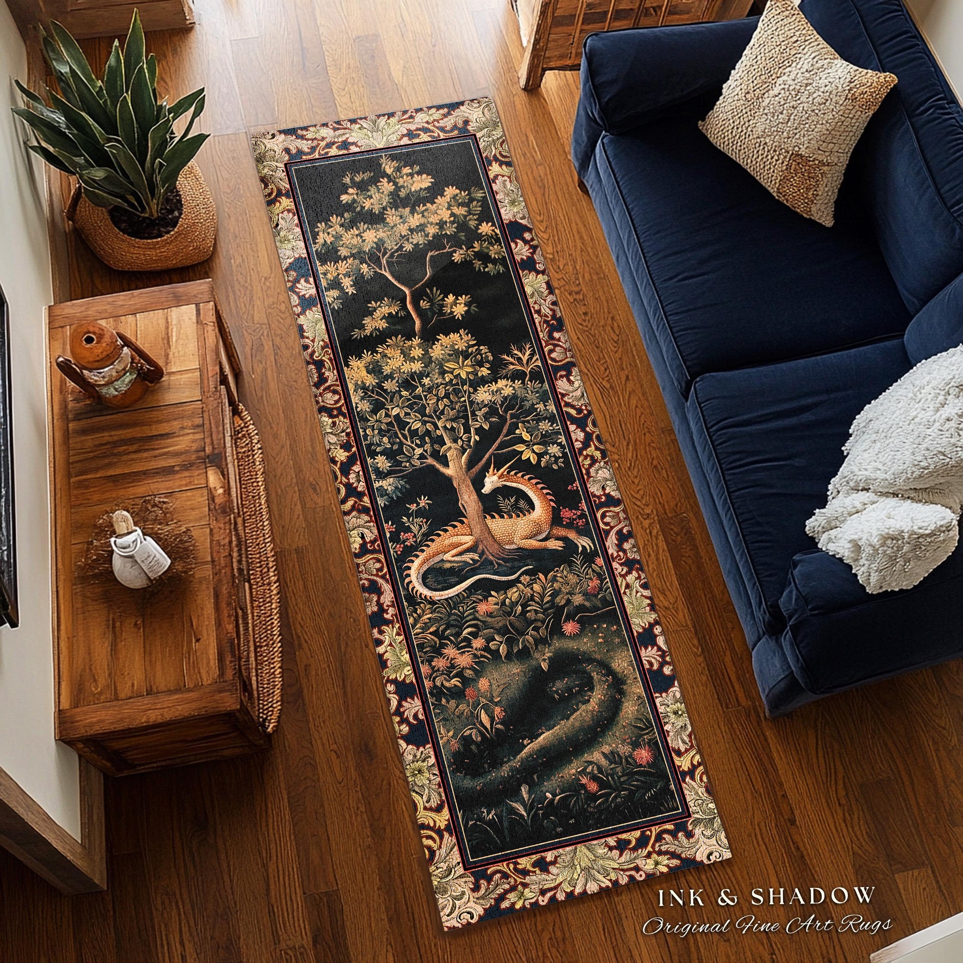 Ancient Dragon Art Rug Mystical Enchanting Forest Decor | Antique Baroque Aesthetic Academia Dark Fantasy Ethereal Runner Rug Folklore Home