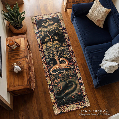 Ancient Dragon Art Rug Mystical Enchanting Forest Decor | Antique Baroque Aesthetic Academia Dark Fantasy Ethereal Runner Rug Folklore Home