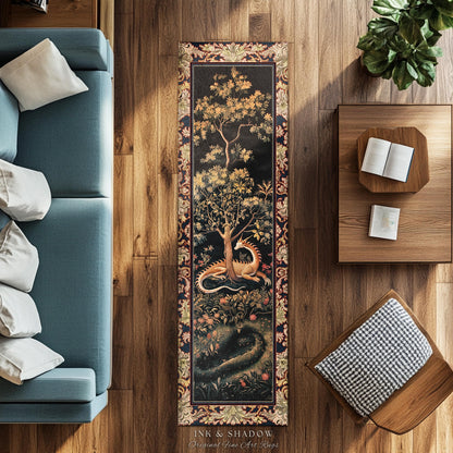 Ancient Dragon Art Rug Mystical Enchanting Forest Decor | Antique Baroque Aesthetic Academia Dark Fantasy Ethereal Runner Rug Folklore Home