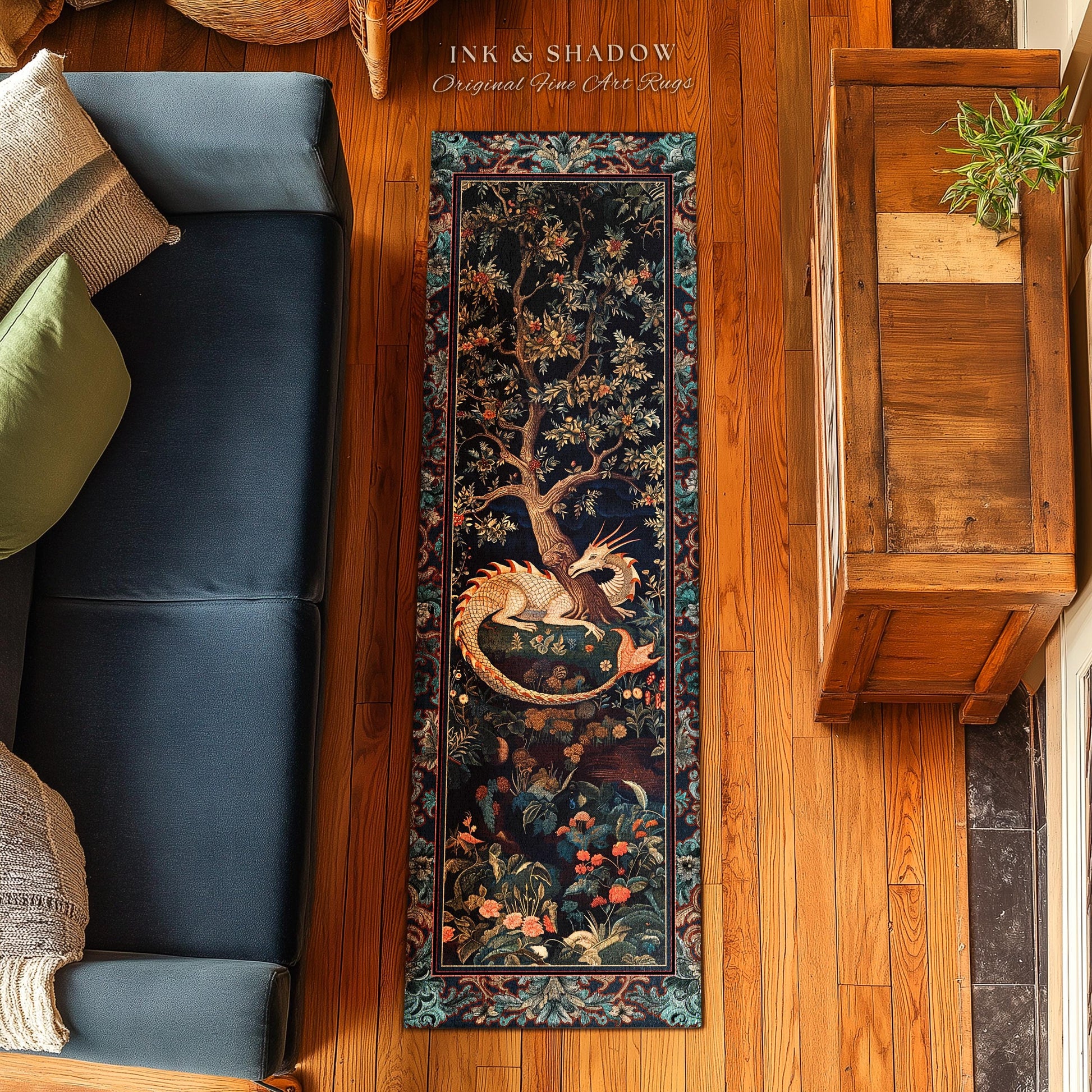 Baroque Victorian Gothic Woodland Dragon Runner Rug Floral Folklore Aesthetic | Dark Botanical Goblincore Antique Cottagecore Mythical Decor