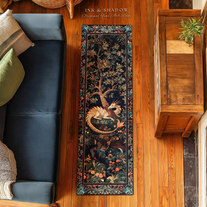 Baroque Victorian Gothic Woodland Dragon Runner Rug Floral Folklore Aesthetic | Dark Botanical Goblincore Antique Cottagecore Mythical Decor