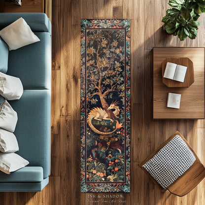 Baroque Victorian Gothic Woodland Dragon Runner Rug Floral Folklore Aesthetic | Dark Botanical Goblincore Antique Cottagecore Mythical Decor