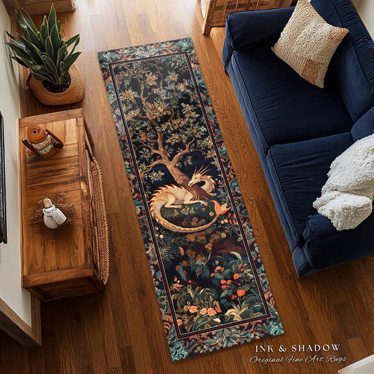 Baroque Victorian Gothic Woodland Dragon Runner Rug Floral Folklore Aesthetic | Dark Botanical Goblincore Antique Cottagecore Mythical Decor