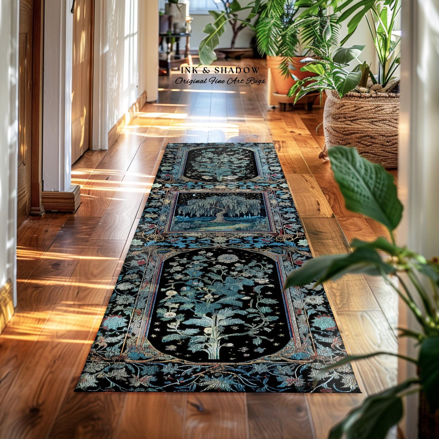 Starry Night Weeping Willow Tree Runner Rug | Woodland Folklore Moonlit Celestial Castle Fairytale Decor Ethereal Witchy Whimsy Floor Accent