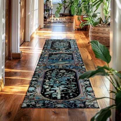 Starry Night Weeping Willow Tree Runner Rug | Woodland Folklore Moonlit Celestial Castle Fairytale Decor Ethereal Witchy Whimsy Floor Accent