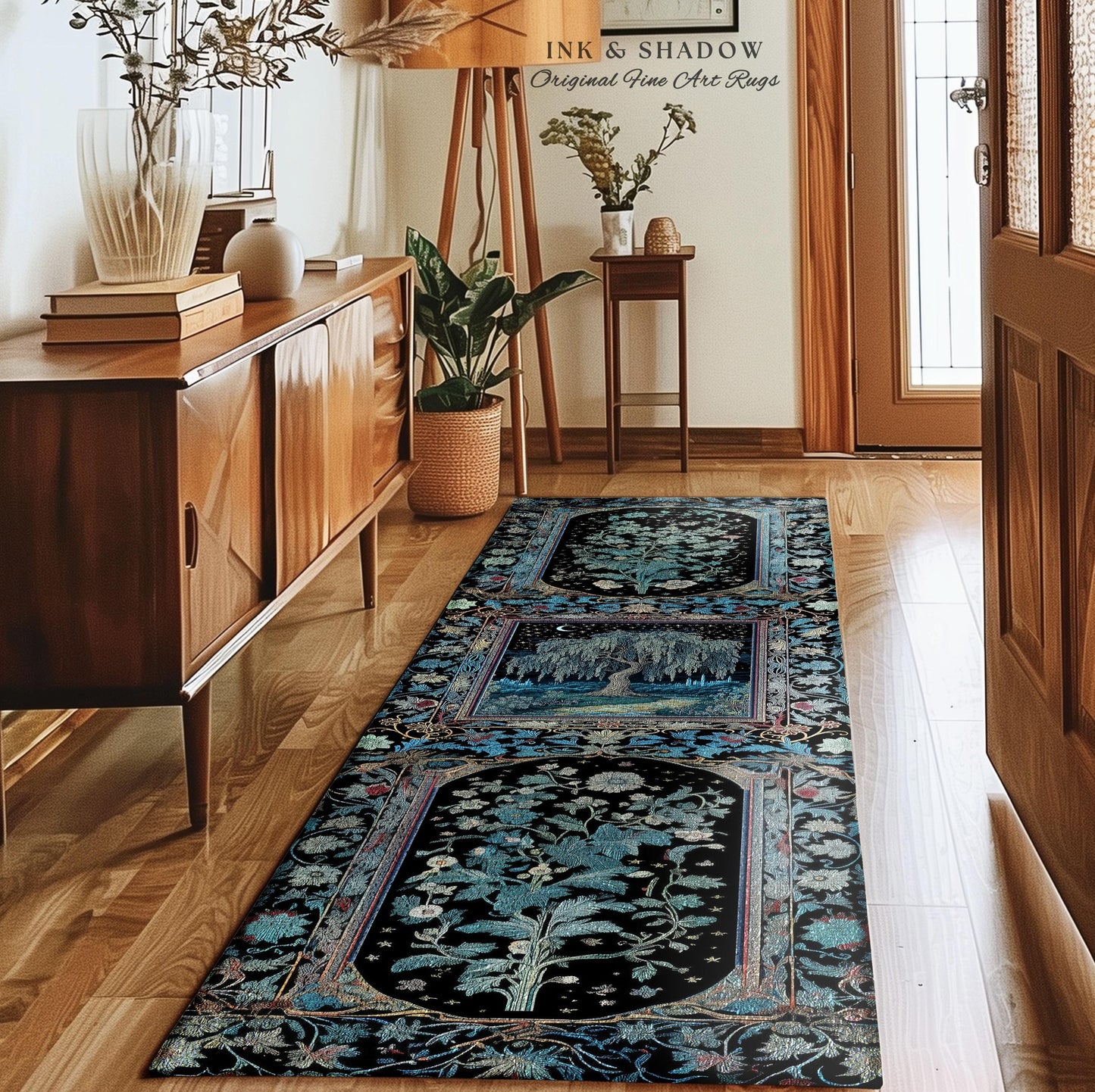 Starry Night Weeping Willow Tree Runner Rug | Woodland Folklore Moonlit Celestial Castle Fairytale Decor Ethereal Witchy Whimsy Floor Accent