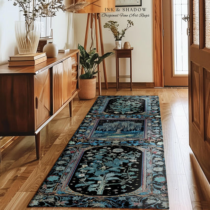 Starry Night Weeping Willow Tree Runner Rug | Woodland Folklore Moonlit Celestial Castle Fairytale Decor Ethereal Witchy Whimsy Floor Accent
