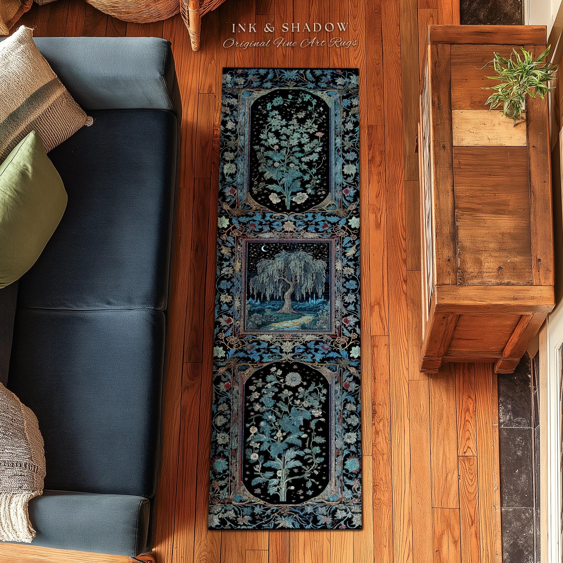 Starry Night Weeping Willow Tree Runner Rug | Woodland Folklore Moonlit Celestial Castle Fairytale Decor Ethereal Witchy Whimsy Floor Accent
