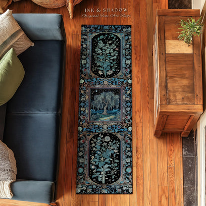 Starry Night Weeping Willow Tree Runner Rug | Woodland Folklore Moonlit Celestial Castle Fairytale Decor Ethereal Witchy Whimsy Floor Accent