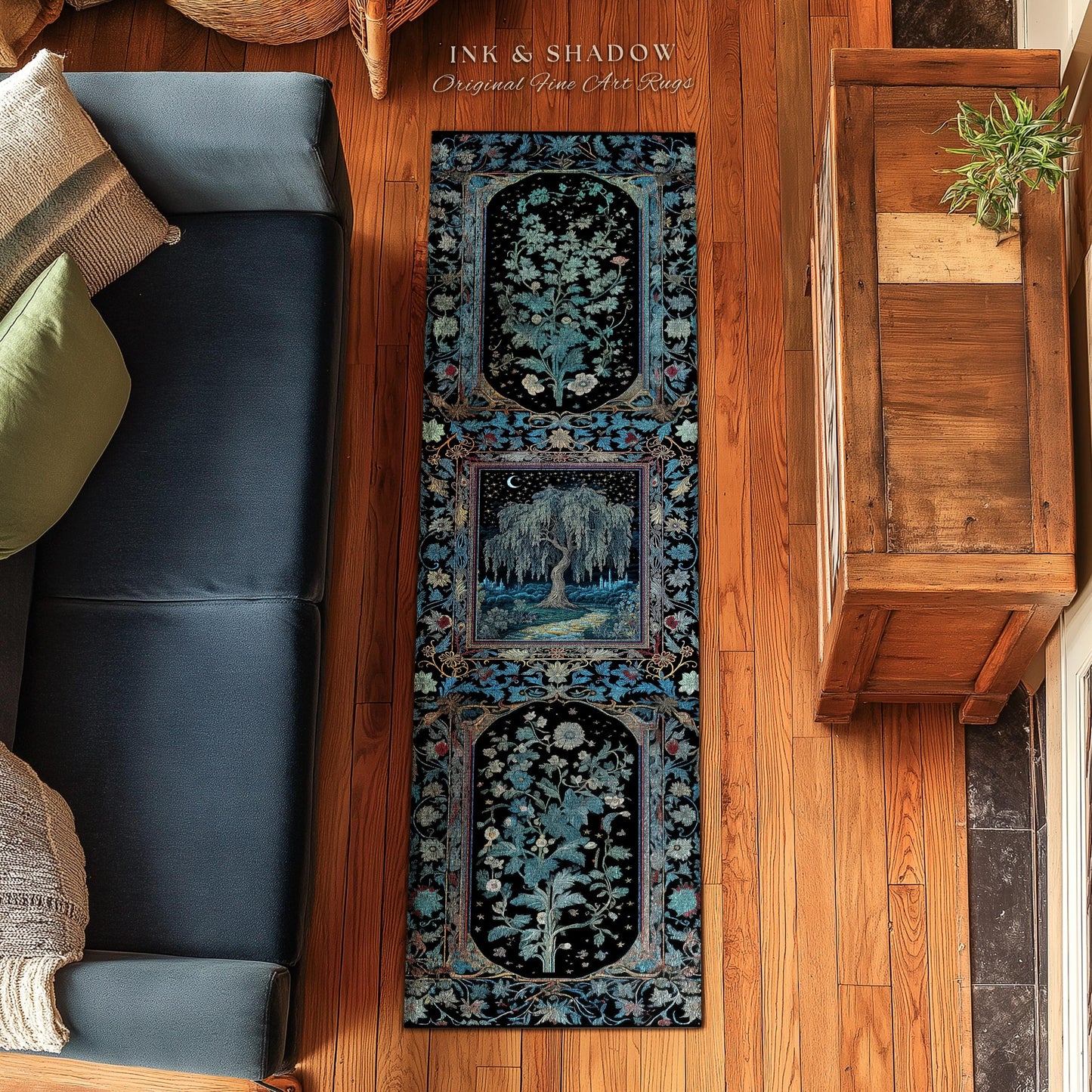 Starry Night Weeping Willow Tree Rug | Woodland Folklore Aesthetic Moonlit Castle Fairytale Decor Ethereal Witchy Home Interior Accent Boho