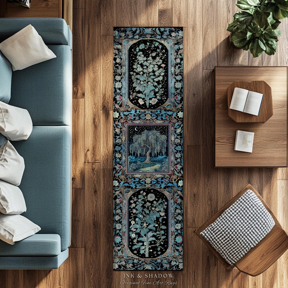 Starry Night Weeping Willow Tree Rug | Woodland Folklore Aesthetic Moonlit Castle Fairytale Decor Ethereal Witchy Home Interior Accent Boho