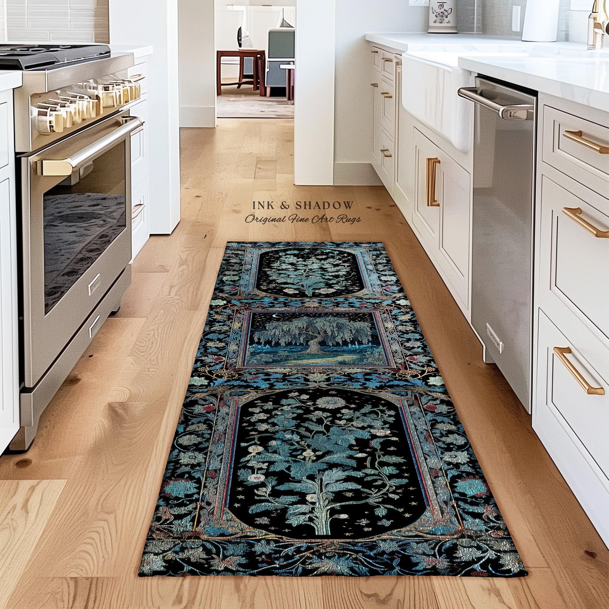 Starry Night Weeping Willow Tree Runner Rug | Woodland Folklore Moonlit Celestial Castle Fairytale Decor Ethereal Witchy Whimsy Floor Accent