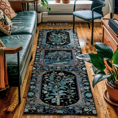 Starry Night Weeping Willow Tree Runner Rug | Woodland Folklore Moonlit Celestial Castle Fairytale Decor Ethereal Witchy Whimsy Floor Accent