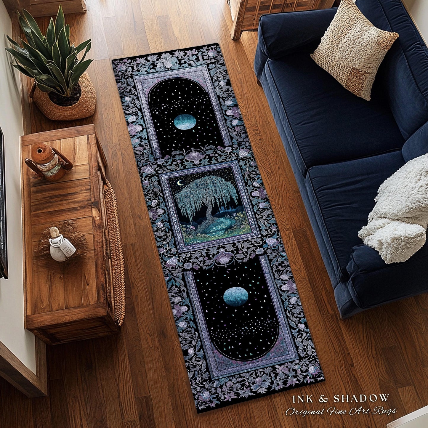 Dreamy Willow Tree Moody Celestial Moon Runner Rug | Enchanted Folklore Storybook Decor Witchy Dark Academia Medieval Style Floor Art Accent