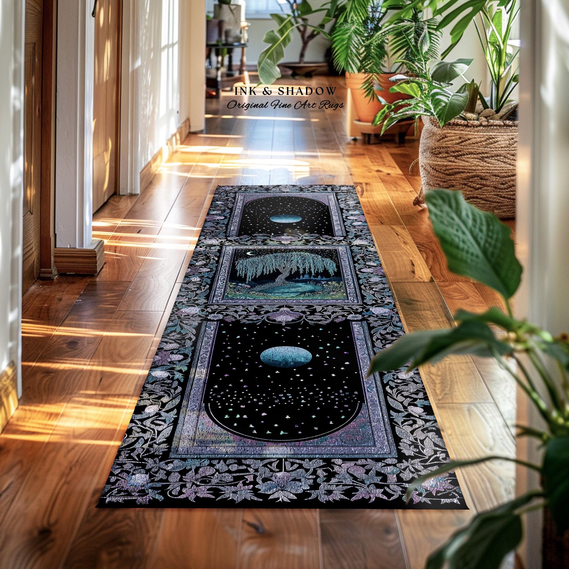 Dreamy Willow Tree Moody Celestial Moon Runner Rug | Enchanted Folklore Storybook Decor Witchy Dark Academia Medieval Style Floor Art Accent