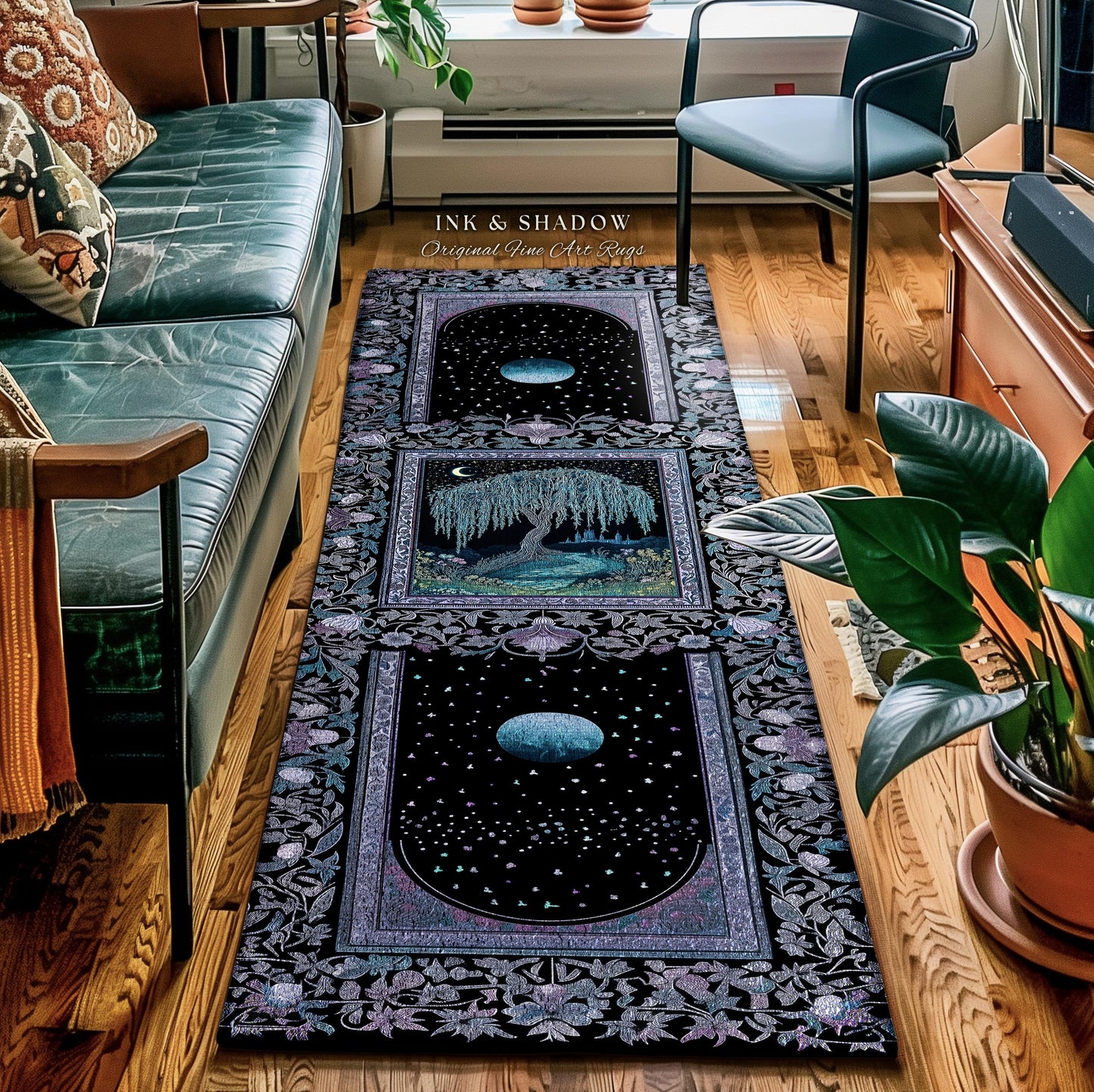 Dreamy Willow Tree Moody Celestial Moon Runner Rug | Enchanted Folklore Storybook Decor Witchy Dark Academia Medieval Style Floor Art Accent