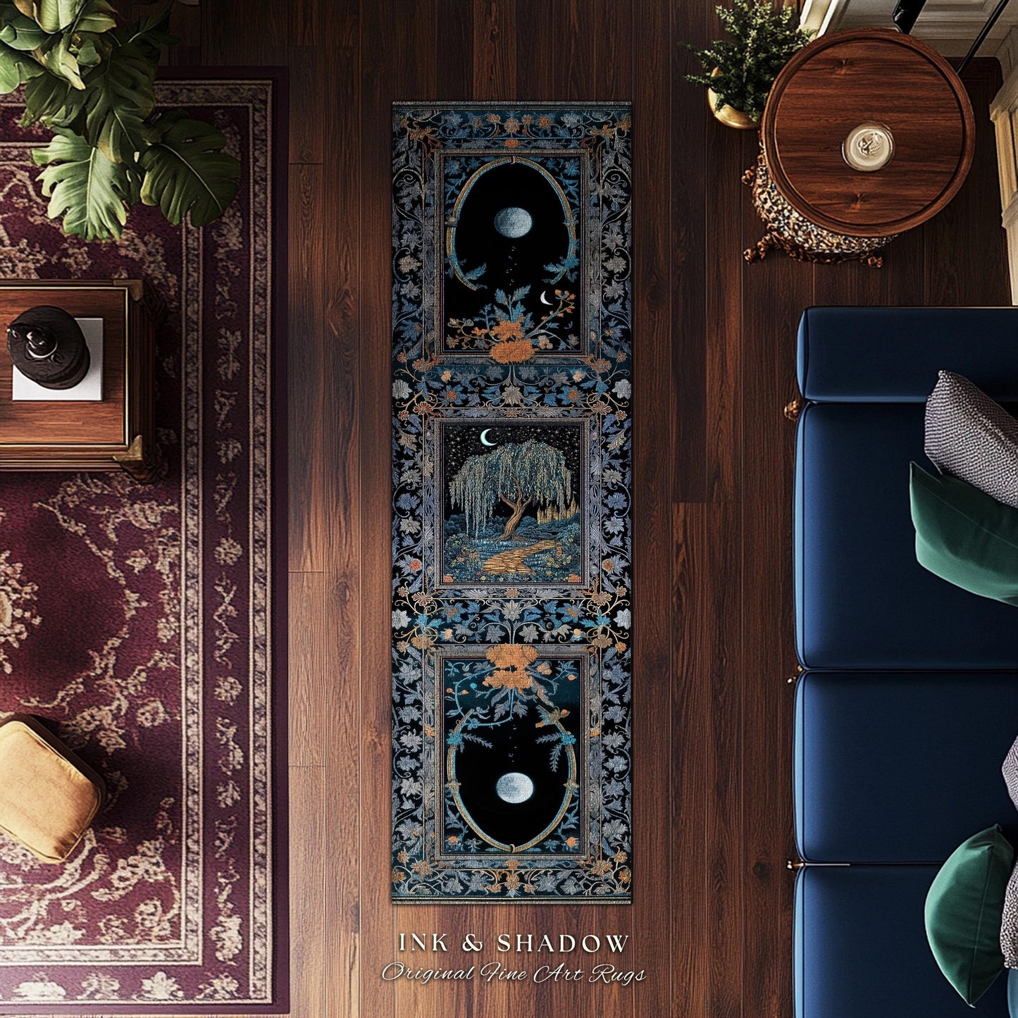 Crescent Moon Medieval Forest Runner Rug | Weeping Willow Tree Fairytale Castle Garden Folklore Decor Whimsical Celestial Art Floor Accent